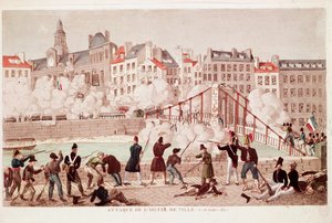 Attack of the Town Hall of Paris and the battle of the bridge of Arcola, 28 July 1830 (engraving)