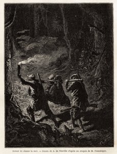 Back from hunting at night, the prey, a bear, is tied up and suspended from a branch that the hunters carry on the shoulder. Engraving to illustrate the story Quatre mois en Florida, by M. Pousselgue, in 1851-1852, published in le tour du monde, under the  by Unknown artist