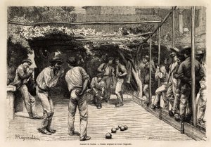 Ball players in Rome (Italy). Engraving to illustrate the voyage to Rome, by Francis Wey, in 1864-1868, published in Le tour du monde, nouveau journal des voyages, under the direction of Edouard Charton by Unknown artist