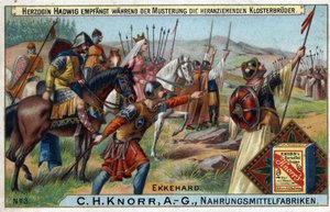 Barbarian Invasions - During the review of the troops, Duchess Hadwig receives the monks approaching in the background by Unknown artist