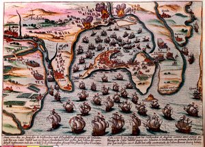 Battle Plan of Cales Males (Spain) on 30 June 1596. The fleet of the Dutch and English army enters as friends at Cales Males with 180 ships. The next day 1 July, surprised by treason, they had to abandon the city with shame. Engraving by Unknown artist