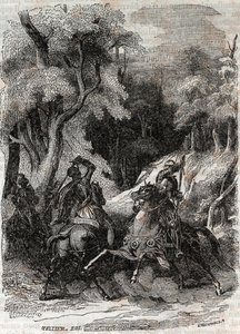 Battle between Roland and Ferragus - engraving of 1851 from Furious Roland (Orlando furioso) (16th century) by Ludovico Ariosto, known as the Ariosta - Edition translated from Italian by the Count of Tressan and published by Gustave Harvard 1851