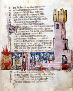 Battle in a castle. The tanks are on fire. Manuscript from the 13th century.