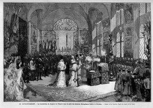 Benediction of the flag of the Empire in the Armor Hall at the Kremlin in Moscow during the coronation of Emperor Alexander III of Russia (1845-1894) and Empress Dagmar of Denmark (1847-1928) on May 27