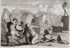 Bible of Royaumont, Old Testament: Brazen Snake. The people murmuring against God and against Moses, are punished by serpents of fire; from which they were wounded by a serpent of brazen, which Moses had raised to be seen from all the people. Illustration 
