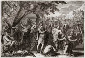 Bible of Royaumont, Old Testament: Brothers of Joseph. Joseph has his brothers put in jail. Illustration from 1811. by Unknown artist