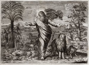 Bible of Royaumont, Old Testament: Creation of the World. God creates Heaven and Earth out of nothing, and in six days adorns it and populates it with creatures of all kinds. Illustration from 1811. by Unknown artist
