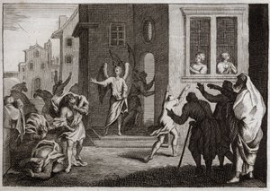 Bible of Royaumont, Old Testament: Crimes of the Sodomites. Loth Receives Angels in His House. The Sodomites Want to Violate Them. The Angels Strike Them Blindly. Illustration from 1811 by Unknown artist