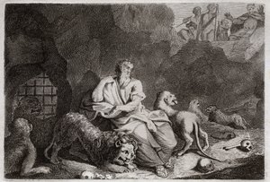 Bible of Royaumont, Old Testament: Daniel in the Lions pit. Daniel is put into the Lions pit, and miraculously is drunk. Illustration from 1811. by Unknown artist