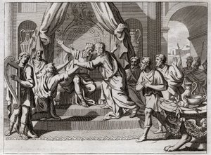 Bible of Royaumont, Old Testament: David plays the harp. Saul being rejected from God, is seized by the evil spirit. We