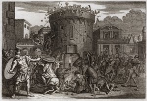 Bible of Royaumont, Old Testament: Death of Abimelech. Abimelech is killed by a woman who crushes him with a stone at the siege of Thebez. Illustration from 1811