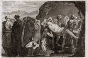 Bible of Royaumont, Old Testament: Death of Sarah. Sarah dies. Abraham buys a sepulchre from the city of Geth to bury her. Illustration from 1811.