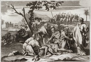 Bible of Royaumont, Old Testament: Death of the wicked Antiochus. The appalling death of King Antiochus IV Epiphanes after a horse fall. Illustration from 1811. by Unknown artist
