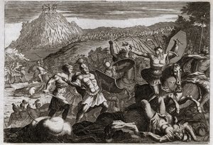Bible of Royaumont, Old Testament: Defeat of Amalec (Amalek). Moses obtained victory over the Amalekites, holding his hands high in heaven. Illustration from 1811 by Unknown artist