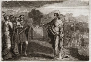 Bible of Royaumont, Old Testament: Defeat of the Philistines. Samuel offers a holocaust to God. Then the Jews defeat the Philistines. Illustration from 1811 by Unknown artist