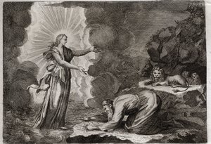 Bible of Royaumont, Old Testament: Deliverance of Daniel. Daniel, in the den of lions, is miraculously drunk. Illustration from 1811. by Unknown artist