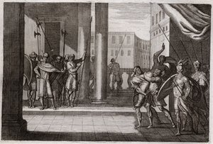 Bible of Royaumont, Old Testament: Dinah went out of curiosity to see the women of Shechem, and the King of that city had made him violence, his brothers took revenge and killed all the people of Shechem with the King. Illustration from 1811.