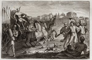 Bible of Royaumont, Old Testament: Elevation of Joseph. Joseph is raised in glory. Illustration from 1811. by Unknown artist