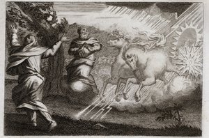 Bible of Royaumont, Old Testament: Elijah is taken to heaven. Elijah is taken to heaven in a chariot of fire in the presence of his disciple. Elisha receives from him his double spirit: he divides the water of the Jordan with the mantle of Elijah. Illustra by Unknown artist