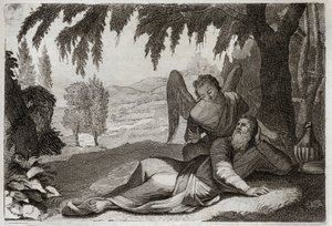 Bible of Royaumont, Old Testament: Flight of Elijah. Elijah fleeing Jezebel