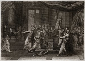 Bible of Royaumont, Old Testament: Generosity of Matathias. Mathathias (Mattathias), father of the Machabees (Maccabees), kills a Jew who sacrificed to Idols by a holy zeal of the law of God. Illustration from 1811 by Unknown artist