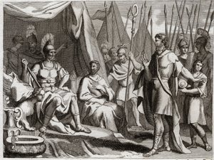 Bible of Royaumont, Old Testament: Holoferne. General of the Arm of Nebuchadnezzar II, Holoferne approaches Judea. Ahior, King of the Ammonites, who came to give back to him, lifts up before Holoferne the power of the God of the Jews. Illustration from 181 by Unknown artist