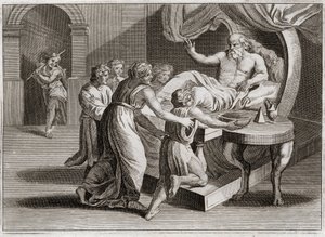 Bible of Royaumont, Old Testament: Isaac blessed Jacob. Isaac, desiring to bless Esau, gives his blessing to Jacob by the wisdom of Rebekah, to whom it belonged according to the plan of God. Illustration from 1811 by Unknown artist