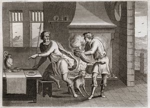 Bible of Royaumont, Old Testament: Jacob and Esau. Esau sells his brother Jacob his birthright for some lentils. Illustration from 1811.