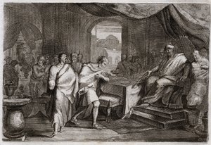 Bible of Royaumont, Old Testament: Joachim released from irons. Evilmerodach, King of Babylon, after the death of Nebuchadnezzar II, treats Joachim, once King of Judah, and releases him from irons to sit on the throne. Illustration from 1811
