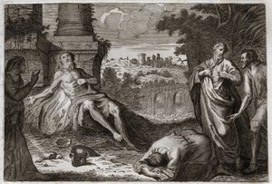 Bible of Royaumont, Old Testament: Job on the dung heap. The holy man Job is tempted by the demon who takes away all his goods and all his children, and strikes him with a terrible wound, leaving him only his wife to carry him impatiently. Illustration fro by Unknown artist