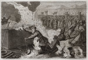 Bible of Royaumont, Old Testament: Nadab and Abiu. Nadab (Nadav) and Abiu (Abihou), the sons of Aaron, who set a foreign fire in their incenses, to offer incense unto God, were burned in the Tabernacle itself. Illustration from 1811