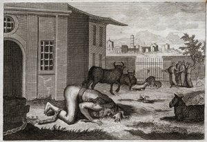 Bible of Royaumont, Old Testament: Nebuchadnezzar changes to beast. King Nebuchadnezzar II by just punishment for his pride is changed into beast. Illustration from 1811 by Unknown artist