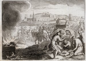 Bible of Royaumont, Old Testament: Uzzah struck by God. David wants to bring the Ark of the Covenant back home. Uzzah died, who put his hand there to stop it from falling. Illustration from 1811. by Unknown artist