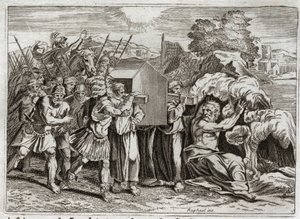 Bible of Royaumont, Old Testament: Passage of the Jordan. Joshua brings the Jordan to all the people. This river dries up, and the priests who bore the ark of the covenant came into it; and the waters rose up above and remained suspended like a mountain. I