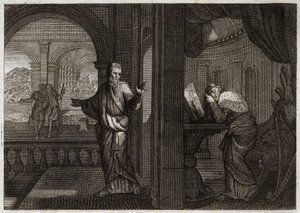 Bible of Royaumont, Old Testament: Penitence of David. God sends his Prophet Nathan to David to represent his fault. The regret that this holy King conceded from it makes him accept all the evils that the Prophet predicted him. Illustration from 1811. by Unknown artist