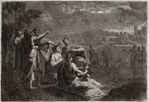 Bible of Royaumont, Old Testament: Predictions on Jerusalem. God has given up arms in the air on Jerusalem, to prey upon her the evils that were to melt upon her. Illustration from 1811. by Unknown artist