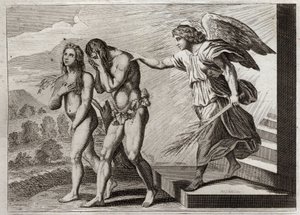 Bible of Royaumont, Old Testament: Punishment of Adam. God drives Adam and Eve out of Paradise after they fall, and puts a Cherub at the door to defend their entrance. Illustration from 1811. by Unknown artist