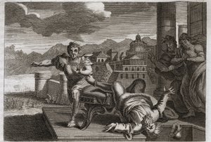 Bible of Royaumont, Old Testament: Punishment of Eli. God, in order to punish the great priest Eli for his negligence in taking over the orders of his children, allows him to fall from his seat and break his head by hearing the news of their death. Illustr by Unknown artist