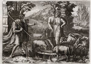 Bible of Royaumont, Old Testament: Rachel and Leah. Jacob serves Laban, his uncle, to marry his daughter Rachel. Illustration from 1811. by Unknown artist