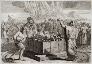 Bible of Royaumont, Old Testament: Sacrifice of Elijah. And having made the true God known by the miracle of fire which came down from heaven upon his sacrifice, commanded the people to kill the four hundred and fifty priests of the idol of Baal. Illustrat by Unknown artist