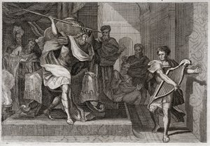 Bible of Royaumont, Old Testament: Saul wants to kill David. Saul full of anger and envy against David, wants to pierce his spear when he played the harp in front of him. Illustration from 1811 by Unknown artist