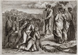Bible of Royaumont, Old Testament: Second Tables of the Law. God gives Moses other tables (Ten Commandments), which the people receive with respect. Illustration from 1811 by Unknown artist