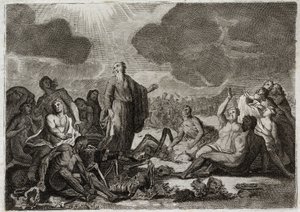 Bible of Royaumont, Old Testament: Second vision of Ezekiel. The vision that the Prophet Ezekiel had from several bones all dried up which took up a human form. Illustration from 1811. by Unknown artist