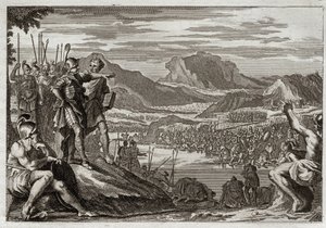 Bible of Royaumont, Old Testament: Soldiers of Gedeon. God commands Gedeon (Gideon) to lead all his troops to the Jordan River, and gives him a mark to discern those whom he was to use to fight against the Midianites. Illustration from 1811 by Unknown artist