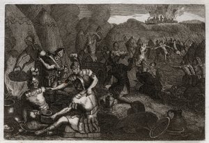Bible of Royaumont, Old Testament: Thieves of Ziklag. Some Amalekites come to plunder Ziklag in the absence of David. He runs furious and defeats them. Illustration from 1811.