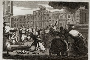 Bible of Royaumont, Old Testament: Zechariah stoned. Zechariah, the High Priest, is stoned by the command of Joash (Jehoash) king of Judah, because he took him from his orders. Illustration from 1811.