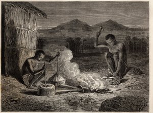 Blacksmiths in Simiango, on the banks of the Zambese River. Engraving to illustrate Dr. Livingstone