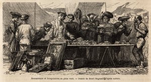 Book Makers and Brocanteurs in the Wind, Near Montanara Square, Under a Tent Set Up, Amateurs and Clerics Compete for a Bric-a-Brac of Antiques. Engraving to Illustrate the Voyage to Rome, by Francis Wey, 186 by Unknown artist