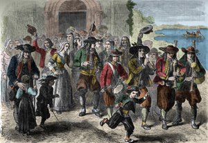 Breton custom: couple of young marriages at the exit of the church. At the top of the cortege are players of biniou and drum. Treguennec, Finistere