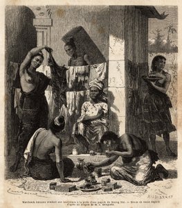 Burmese merchants selling fabrics and perfumes to Laotian women at the door of a pagoda in Muong Mai. Engraving to illustrate the voyage of exploration in Indochina, by Francis Garnier, lieutenant de Vaissseau, in 1866-1868, published in “Le tour du monde”